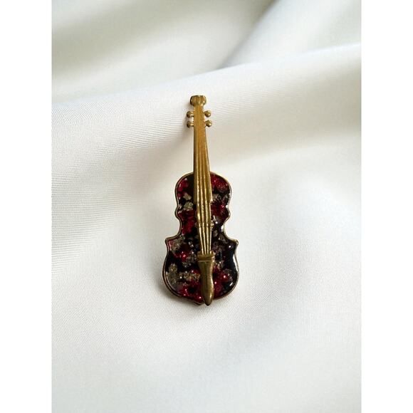 Vintage Gold Tone Violin Brooch Red Black Glitter Enamel Musical Instrument Pin - Picture 1 of 3